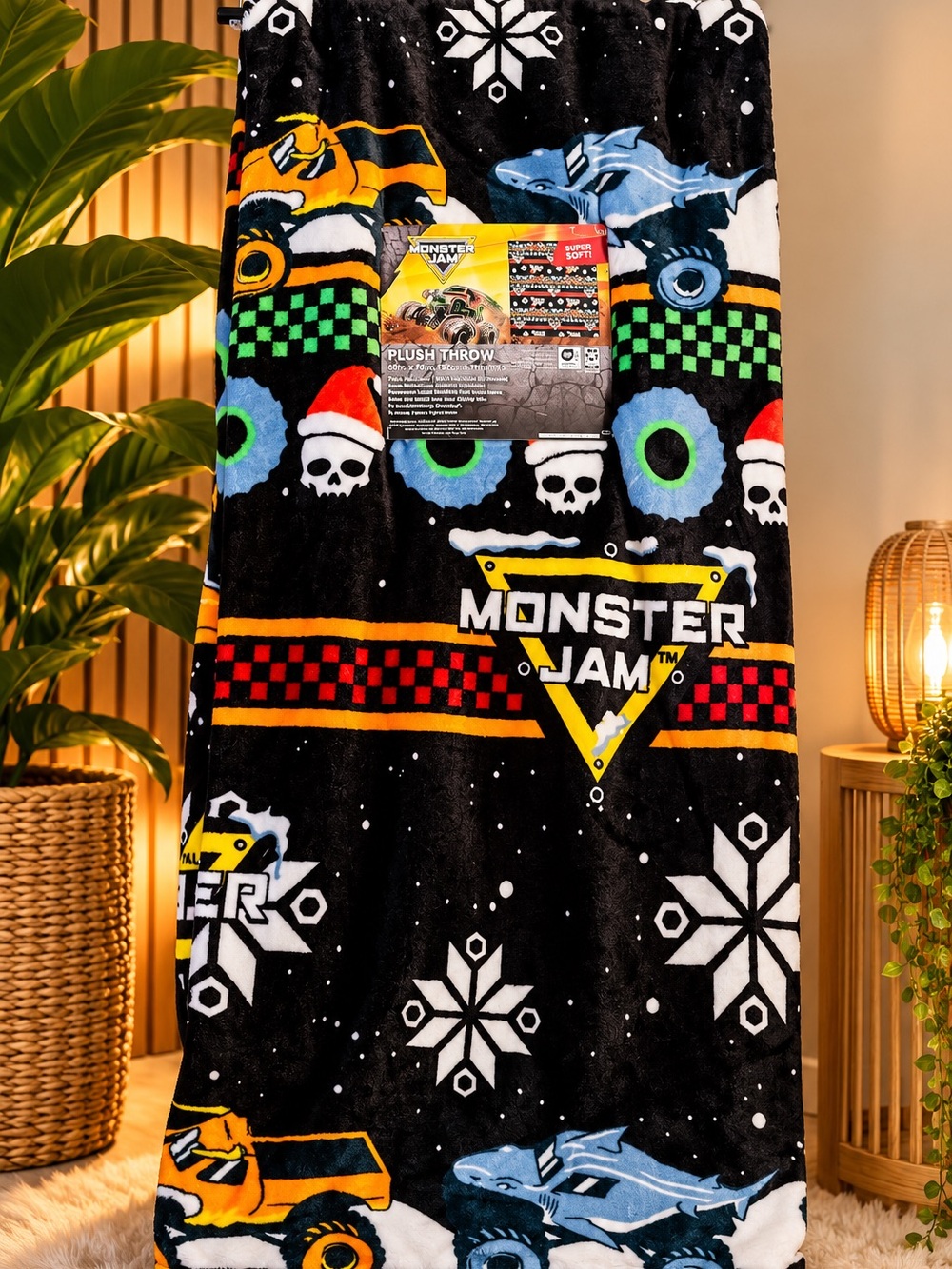 Monster Jam Kids Black Plush Throw Blanket - Holiday Monster Trucks